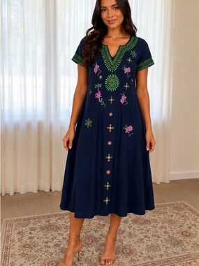 Ruby Yaya  Dress with Green Trim and Pink Floral Embroidery